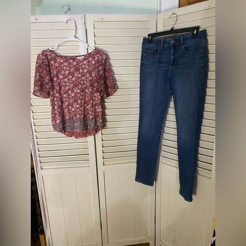 Two piece outfit including American Eagle jeans and a Lucky Brand top